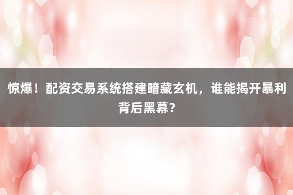 惊爆！配资交易系统搭建暗藏玄机，谁能揭开暴利背后黑幕？